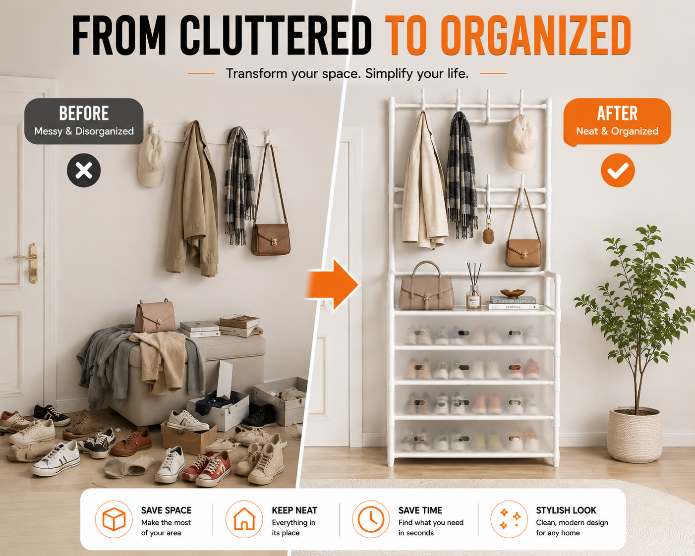 Multi-Purpose Shoe & Coat Rack with Dustproof Cover – Space Saving Storage Organizers
