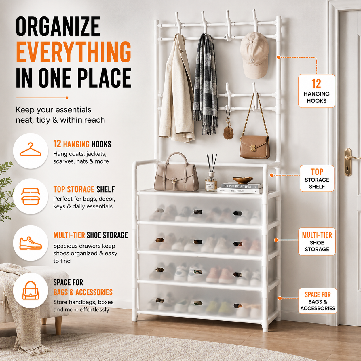 Multi-Purpose Shoe & Coat Rack with Dustproof Cover – Space Saving Storage Organizers