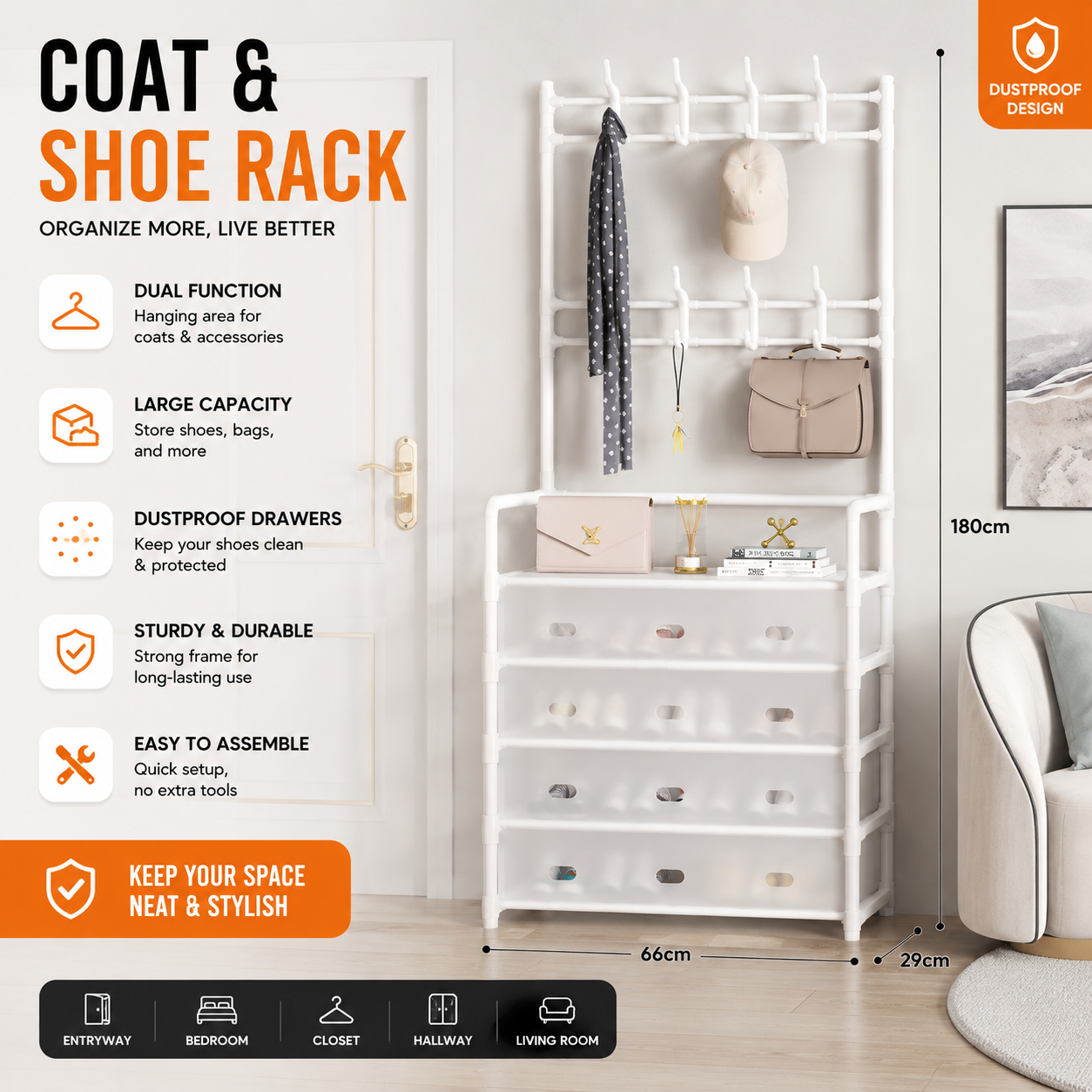 Multi-Purpose Shoe & Coat Rack with Dustproof Cover – Space Saving Storage Organizers