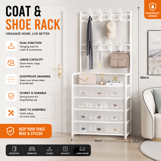 Multi-Purpose Shoe & Coat Rack with Dustproof Cover – Space Saving Storage Organizers