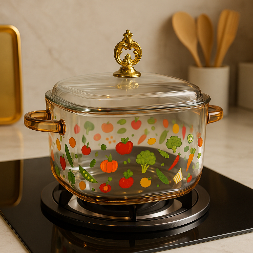 Luxury Amber Glass Cooking Pot with Gold Lid – Heat-Resistant Borosilicate Cookware for Gas & Stove