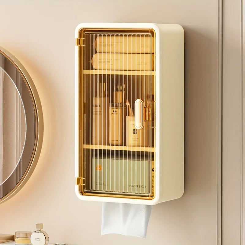 Wall-Mounted Makeup Storage Box with Lid & Tissue Holder (Punch-Free)