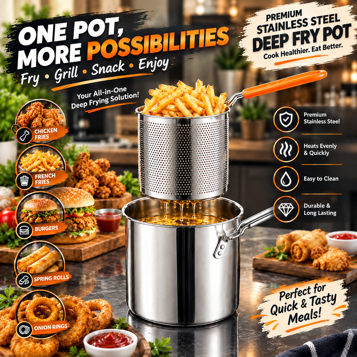 Deep Fry Oil Pot 1.4 L | Stainless Steel - (IMPORTED)