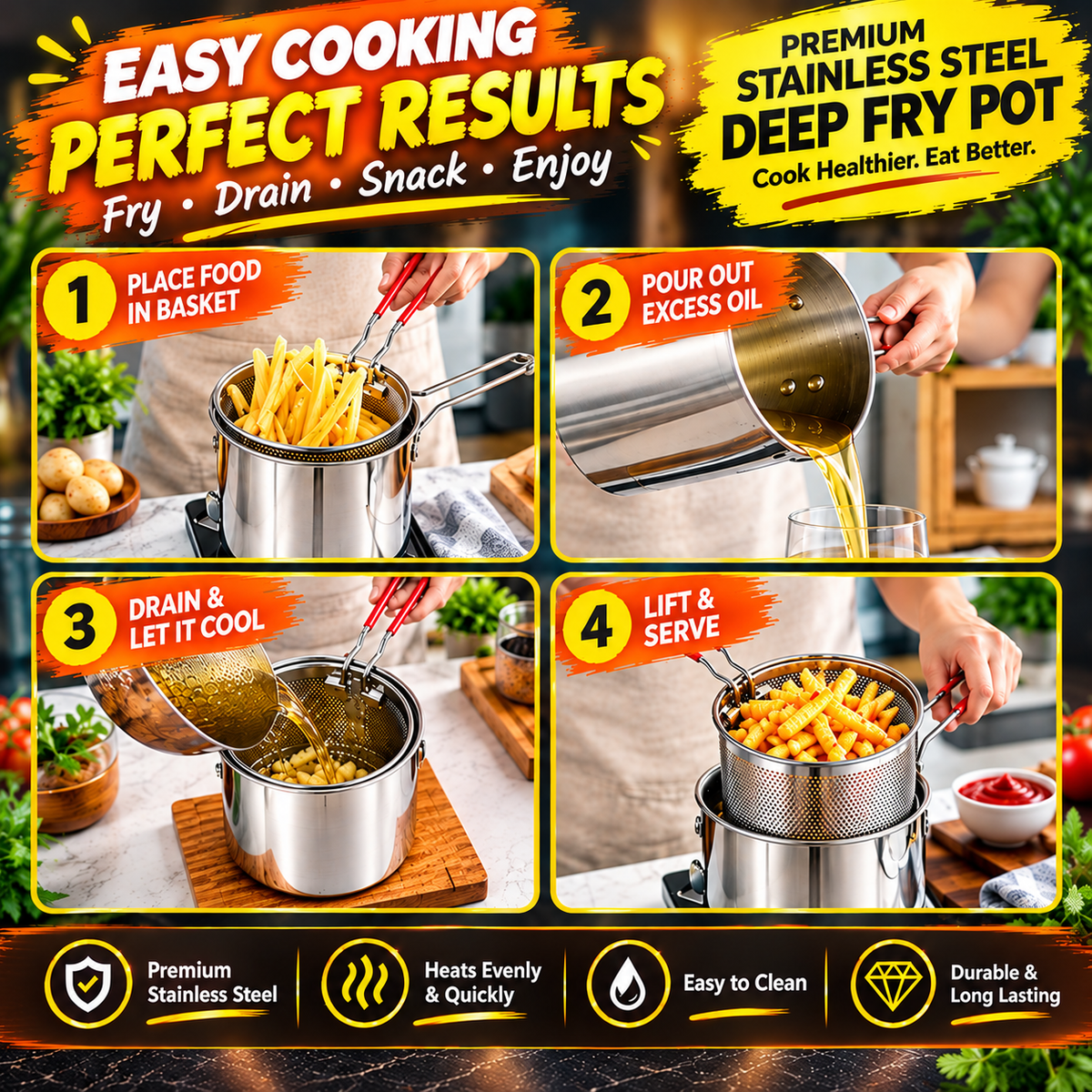 Deep Fry Oil Pot 1.4 L | Stainless Steel - (IMPORTED)